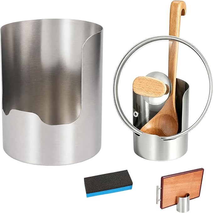 Multi-functional Kitchen Utensil Holder, Heavy Duty Stainless Steel Countertop Organizer for Pot Lids, Spatulas, Ladles and Cutting Boards, Vertical Spoon Rest Rack with Lid Storage (1Pc)