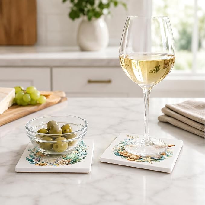 2 Pcs Watercolors Starfish & Seashell Ceramic Coasters, Coastal Square Absorbent Coasters for Cold Drinks Coffee Mug Wine Glasses Cups, Housewarming Gifts for Home Kitchen, Beach House Decor