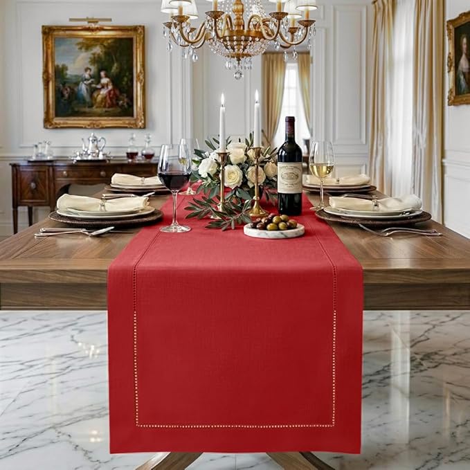 Signature Linen™ by D'Moksha Racing Red Table Runner 108 Inches Long, 100% Pure Linen, Hemstitch, 14 x 108 Inch Table Runner for Dresser, Dining- Summer, Father's Day