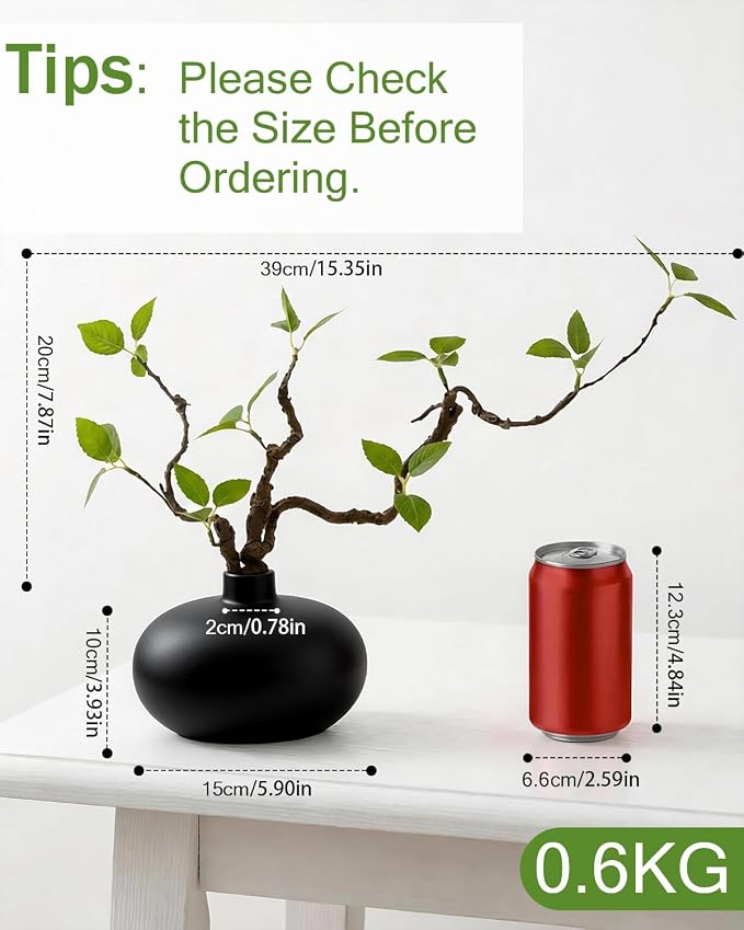 Vase with Greenery, 1 pc Artificial Stem with Black Vase, 20" Decorative Fake Plants Indoor, Small Plant for Bathroom Living Room Office Coffee Table Mantel Bookshelf Centerpiece Decor-Black