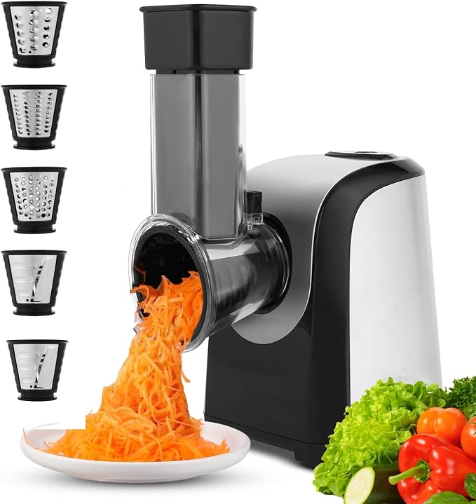 Electric Cheese Grater 5-in-1, 150W Professional Food Processor for Block Cheese, Carrots, Cabbage & Nuts - BPA Free