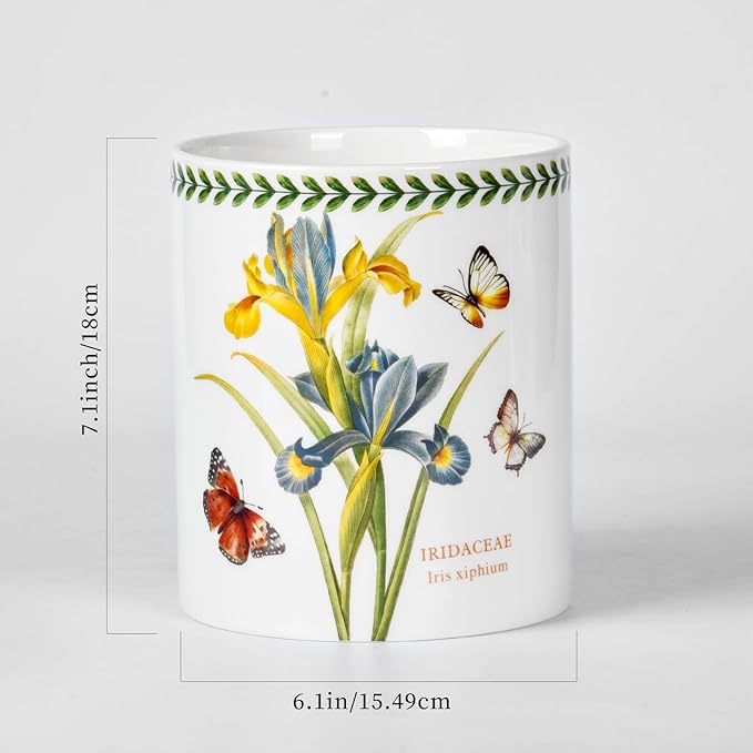 Floral Kitchen Utensil Holder, 7.1 Inch Large Ceramic Crock, Sunflower Pattern, White Kitchen Counter Organizer (iris)