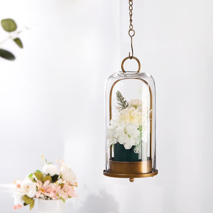 12" High Versatile Modern Metal Hurricane Lantern with Handmade Sturdy Glass Dome in Antique Brass for Pillar Candle & Plants, Industrial, Farmhouse, Shabby Chic (Brass, 5"x12")