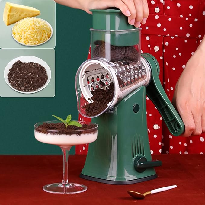 Manual Rotary Cheese Grater Grinder- 5 Interchangeable Blades Round Mandoline Vegetable Slicer Drum Shredder Nut Chopper with Strong Suction Base