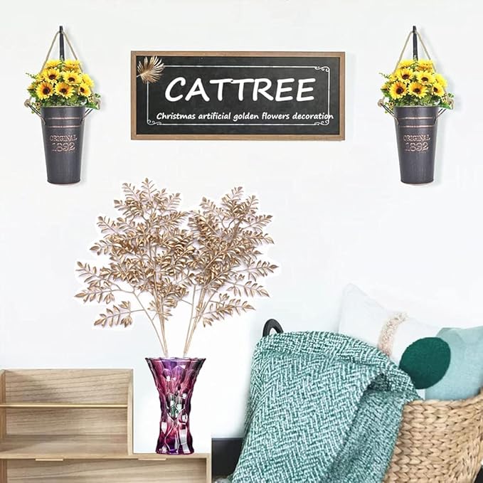 CATTREE Artificial Gold Leaves, Plastic Plants Christmas Decorations 30" Tall Golden 2 Pack, Fake Shrubs Bushes for Indoor Home Table Centerpieces Hotel Hall Party Decor Wedding Planting Filler