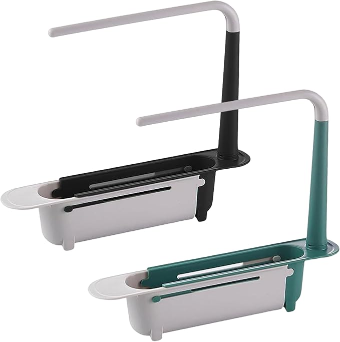 Dish Rack Over Sink, Telescopic Over-Sink Dish Drying Rack with Tray & Sponge Holder, Adjustable Drain Basket Organizer with Dishcloth Hanger for Home, Black