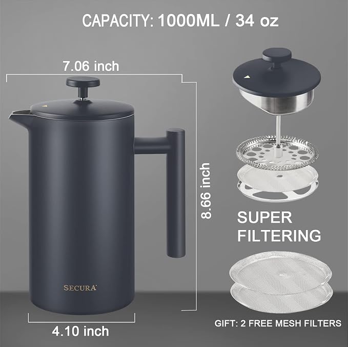 Secura French Press Coffee Maker, 304 Grade Stainless Steel Insulated Coffee Press with 2 Extra Screens, 34oz (1 Litre), Grey (Pack of 2)