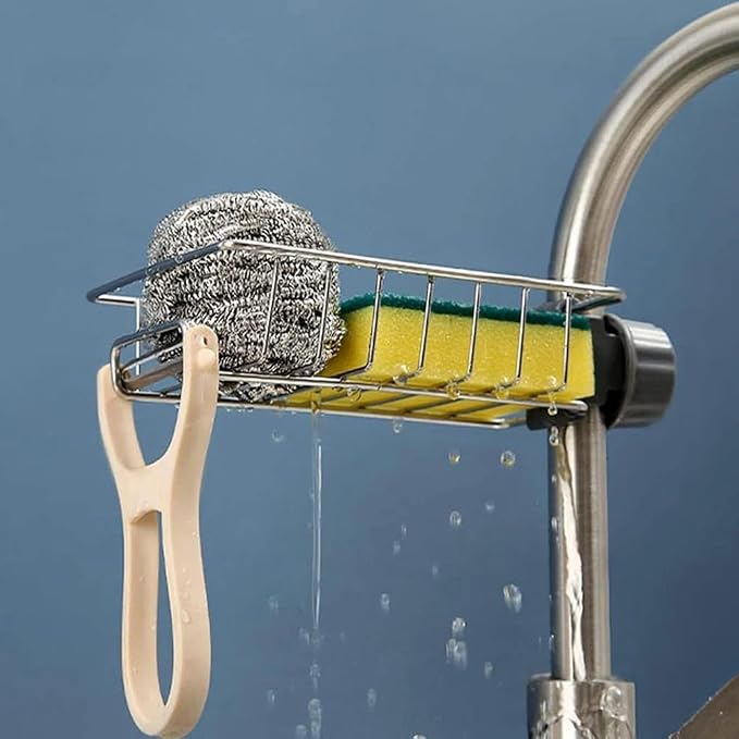 LONIN Stainless Steel Kitchen Sink Organizer Caddy – Over Faucet Sponge & Brush Holder, Rust-Resistant, Adjustable Universal Fit Faucet Rack, Quick Drain Sink Space Saver