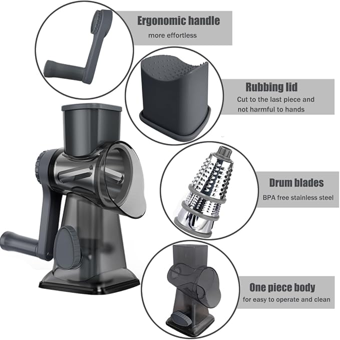 Rotary Cheese Grater Shredder with Handle Handheld Round Mandoline Vegetable Slicer Carrot Shredder Nut Grinder with 3 Replaceable Stainless Steel Drum Blades and Upgrade Strong Suction, Dark Grey