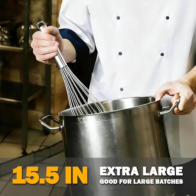 18/10 Stainless Steel Large Whisk, 15.5 inch Heavy Duty Long Whisk Suitable for Deep Pots or Big Bowl, Mixing, Beating, Blending