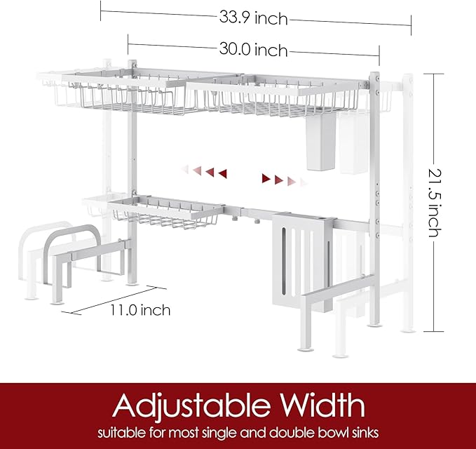 Sakugi Over The Sink Dish Drying Rack - Adjustable 2 Tier Large Capacity Stainless Steel Drainer with Cutlery & Utensil Holders, Kitchen Storage & Organization, 30"-33.9" L x 11" W x 21.5" H, White