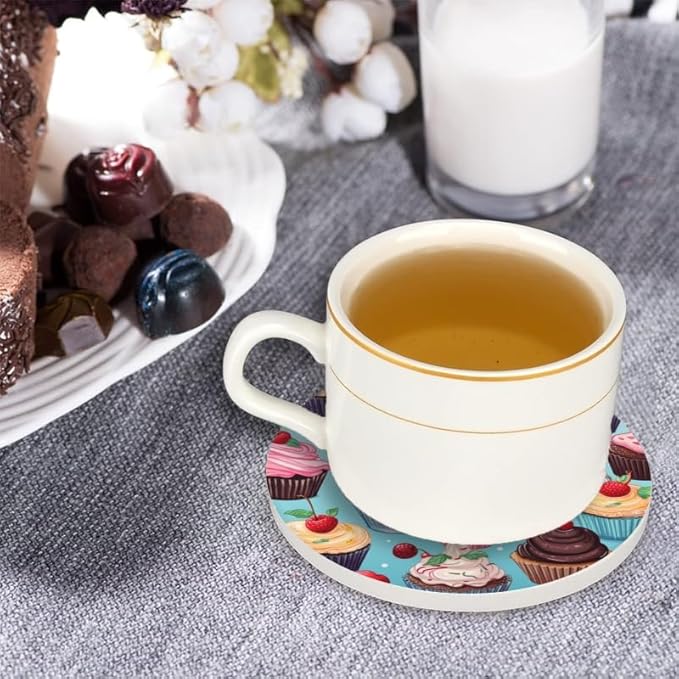Ceramic Stone Cork Coasters for Drinks Tableware, Cupcake Pattern Round Absorbent Durable Aesthetic Art Cup Mat Protects Tables and Surfaces Set of 1 (4 * 4 Inch)