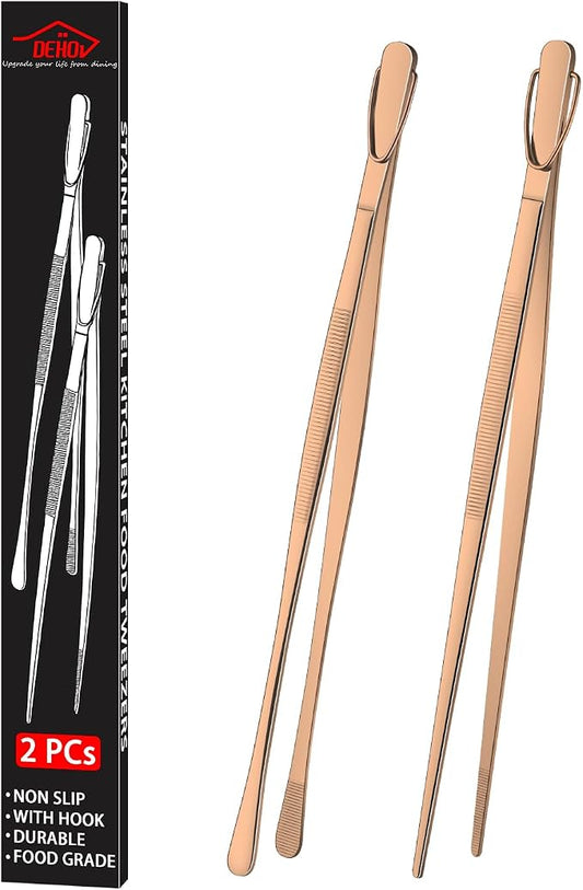 DEHOV 12 Inch Stainless Steel Kitchen Tongs For Cooking Tweezers, Rose Gold Metal Long Food Tweezers, BBQ Grilling Tongs For Spaghetti