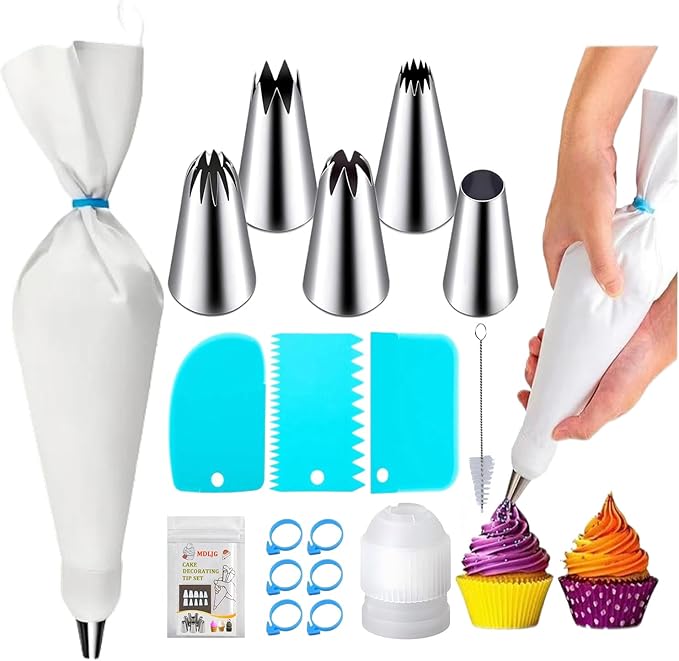 17 Pcs Reusable Piping Bags and Tips Set, Professional Cake Decorating Supplies with Standard Couplers and Silicone Rings, Frosting Baking Tools for Cupcake and Cookie Icing Decoration