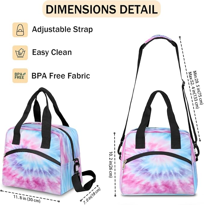 Tie Dye Pink Insulated Lunch Bags for Women Girls Adult Ethnic Reusable Lunch Tote Therma Cooler Bag with Shoulder Strap Lunch Box for School Work Office Picnic Meal Prep Bag
