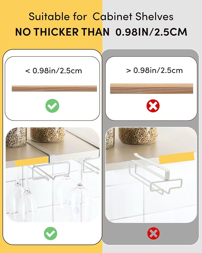 LINFIDITE 2 Pack Wine Glass Holder Stemware Rack Hanger Under Cabinet Wine Glass Rack Kitchen Hanging Storage Rack Organizer,White(For Partition Thickness under 0.98")