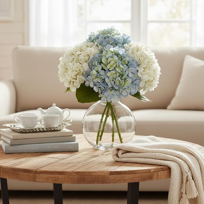 Leftover 4 Pcs Hydrangea Artificial Flowers,21" Real Touch Faux Hydrangea Flowers and 3 PCS Butterflies for Hydrangea Decor,Floral Arrangements for Centerpiece Table Decorations,Home Decor