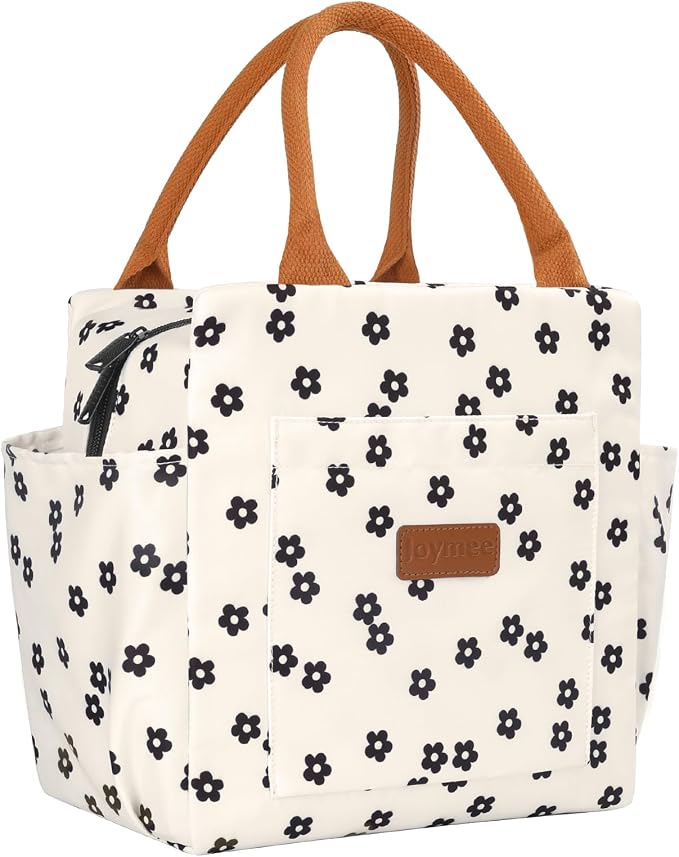Joymee Insulated Lunch Box for Women Reusable Lunch Bag-Black Little Floral | Spacious Storage, Bottle Holder & Pockets, Leakproof Insulated, for Work, Travel, Picnic, Daily Use, for Adult