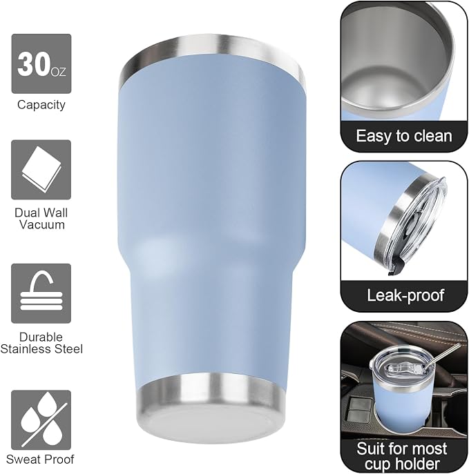 30 oz Tumbler with Lids and Straws Double Wall Vacuum Insulated Tumbler Cup,Stainless Steel Leak-proof Thermal Tumbler Travel Coffee Mug for Cold and Hot Drinks,Baby Blue