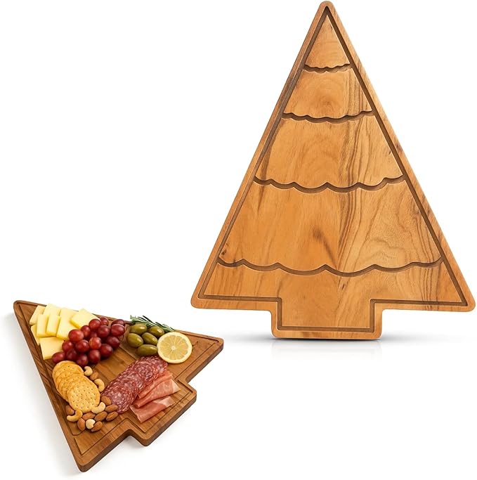 Aurah Acacia Wood Christmas Tree Cutting Board 13.5x11 Inch - Chopping Board with Handle, Xmas Cheese Appetizer Tray, Wooden Decorative Serving Platter for Kitchen & Holiday Party