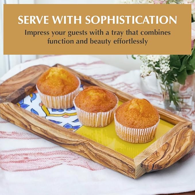 Kamsah Olive Wood Serving Tray with Handles (L:11”, W:5”) Decorative Rectangle Serving Trays for Serving Food, Drinks, Tea, Coffee - Rustic Vintage Wooden Serving Tray for Table & Gifts - Alhambra