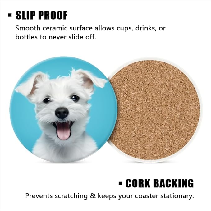 Ceramic Drink Coasters Absorbent Set of 1, White Puppy on Blue Background Round Anti Slip Modern Cup Coasters for Desk Kitchen Office Housewarming Hostess Gifts (4 * 4 Inch)
