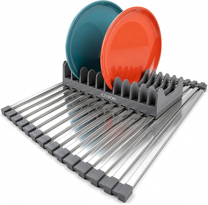Large Aluminum Roll Up Dish Drying Rack (20.5" x 13") -Fits Sink Openings up to 19.5 Inches, Heavy Duty Square Bar, Rust-Proof & Heat Resistant with Removable Dish Holder (Purple Gray Large)