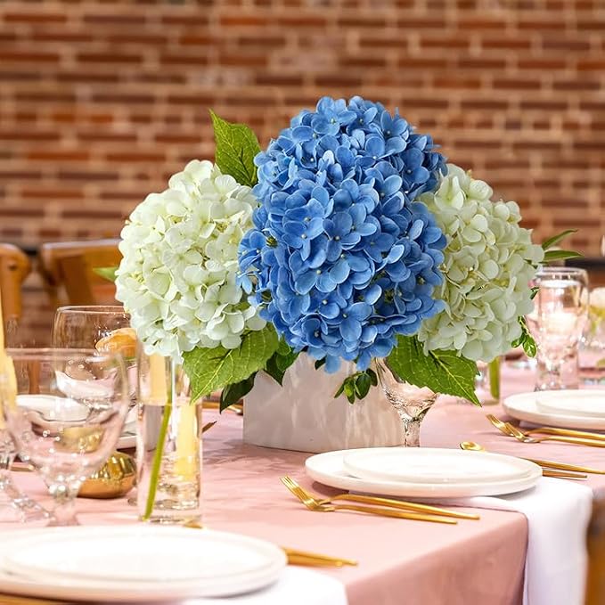 JINWOE Savoy Blue Boho Artificial Hydrangeas Flowers, 4Pcs 20" Real Touch Lifelike Silk Artificial Hydrangeas, Full Fake Flowers for Bouquets Table Centerpieces Spring Wedding Indoor Home