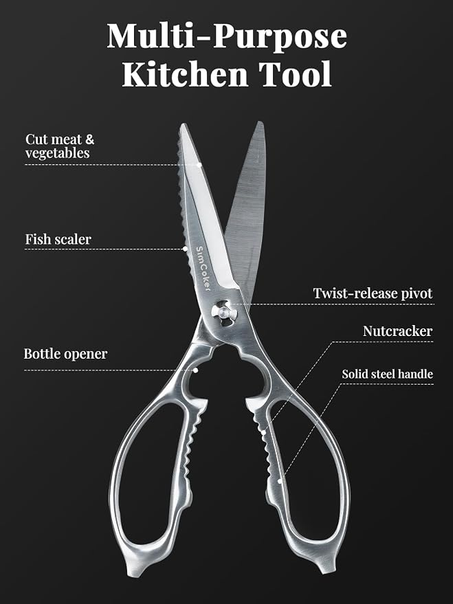 Kitchen Scissors for Food, Forged All-Steel Shears That Come Apart | All-purpose scissors with 3Cr14 blades, bottle opener, nutcracker and fish scaler; dishwasher safe