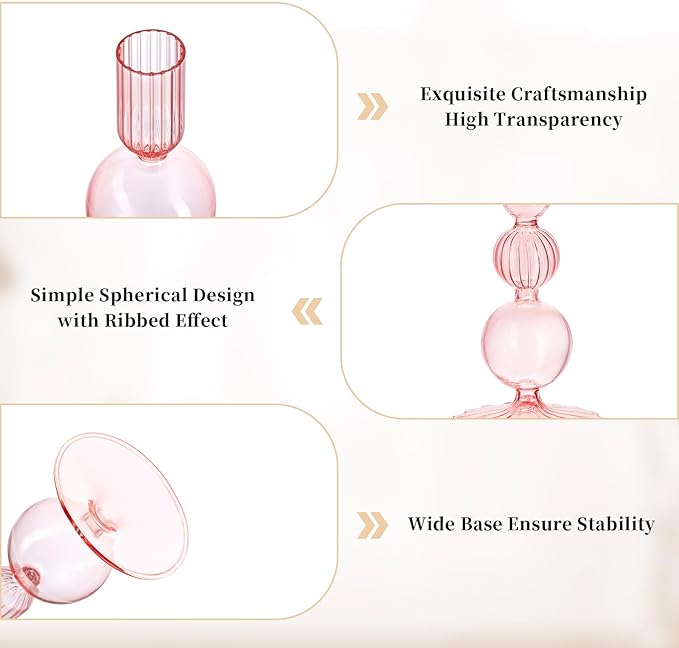Glasseam Pink Glass Candlestick Holder: Unique Candle Holders Set of 3 Modern Taper Candle Holder Decorative for Table Centerpiece Party Christmas Home Wedding Decoration