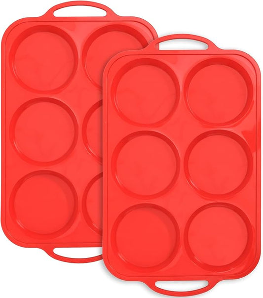 4 Inch Muffin Top Pan Non Stick with Metal Frame, Silicone Egg Molds for Breakfast Sandwiches, Large Round Whoopie Pie Baking Pan with Handle for English Muffin, Egg Bite and Oven, Red