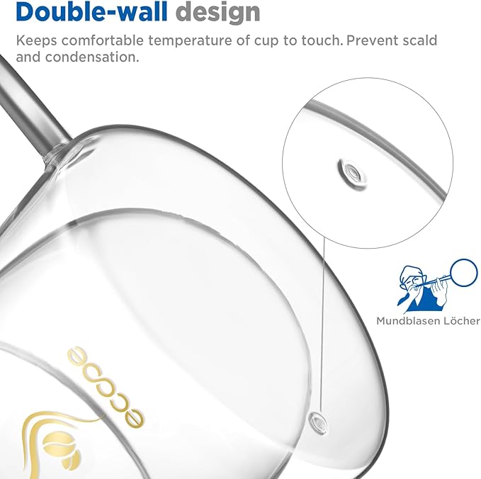 ecooe Double Walled Glass Coffee Mug 12oz Cappuccino Latte Macchiato Cups Set of 2 Clear Glass Coffee Cups with Handle, 350 ml (full capacity) Double Wall Glass Cup for Tea Milk Juice, Birthday Gifts