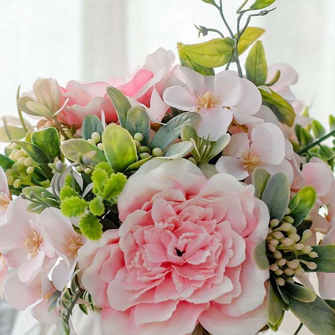 TKAS Fake Flowers Arrangement in Ceramic Vase, Artificial Faux Silk Roses & Hydrangea, Small Realistic Dried-Style Floral Dining Table Centerpiece for Wedding Party Home Decoration (Pink)