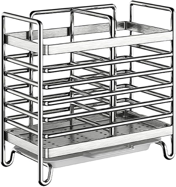 Stainless Steel Wall Mounted Utensil Holder and Countertop Drying Rack with Drain Tray for Kitchen Forks Spoons Chopsticks Silver 3 Compartments(2 Compartments)