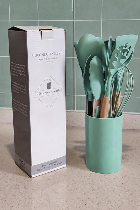 Silicone Kitchen Utensil Set with Wooden Handles – 12 Pieces + Holder, Heat Resistant, Non-Stick Cooking Tools (Multiple Colors (mint green)