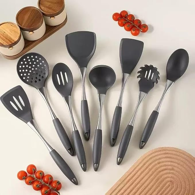 8-Piece Silicone Kitchen Utensil Set, Grey & silvery 304 Stainlss Steel, Heat Resistant Cooking Tools with Comfort Handles- Includes Spatula & Spoon for Nonstick Cookware (Grey & silvery)