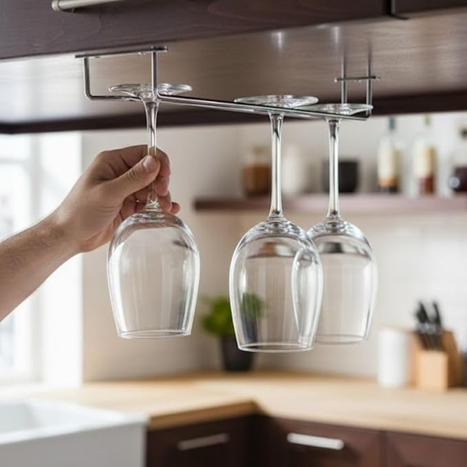 Soro Essentials- 16" Glass Hanging Stemware Rack Chrome Plated Set of 2- Wine Glass Hangers Under Shelf Cabinet Wire Wine Holder Storage Hanger for Cabinet Kitchen Bar or Home