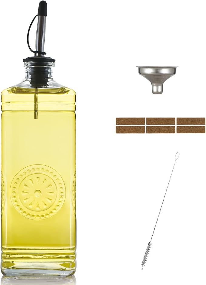 1-Pack Glass Olive Oil Dispenser 500ML/17OZ, Rectangular Vinegar Bottle with Stainless Steel Pourer, Brush, Funnel, Label (Sunflower)