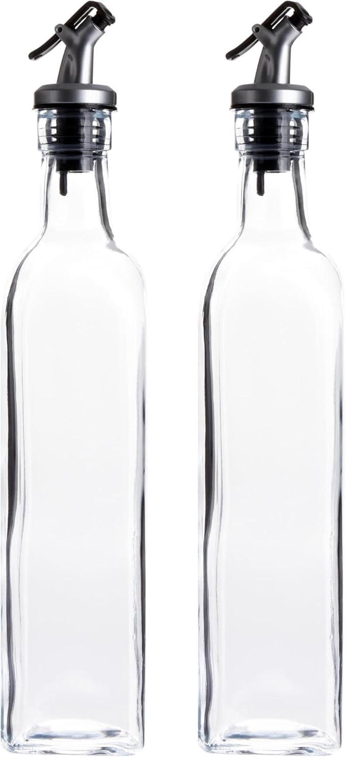 Juvale Olive Oil Dispenser Bottle - 17 Fl Oz (500 ml), Clear Glass, 2-Pack - Oil & Vinegar Set for Kitchen - Airtight Pour Spouts & Lever-Release Lids - Salad Dressing Container & Vinegar Dispenser