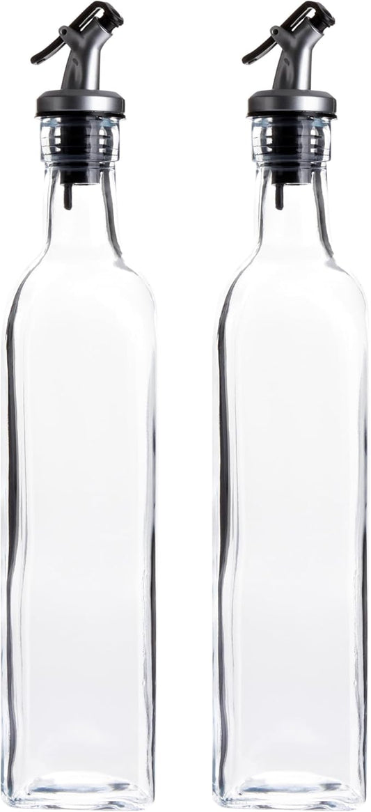 Juvale Olive Oil Dispenser Bottle - 17 Fl Oz (500 ml), Clear Glass, 2-Pack - Oil & Vinegar Set for Kitchen - Airtight Pour Spouts & Lever-Release Lids - Salad Dressing Container & Vinegar Dispenser