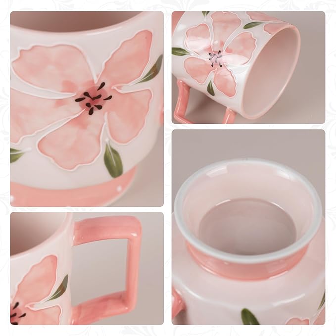 KAMMAK Ceramic Pink Coffee Mug, 15oz Large Mugs Set of 2, Novelty Cup for Tea, Juice, Milk, Cute Porcelain Water Cups with Handle for Women, Dishwasher and Microwave Safe