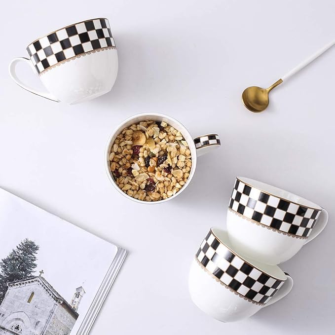 Porlien Checker Pattern 23-ounce Large Soup Bowls, Large Soup Mugs with Handles, Porcelain Cereal Bowls Set of 4