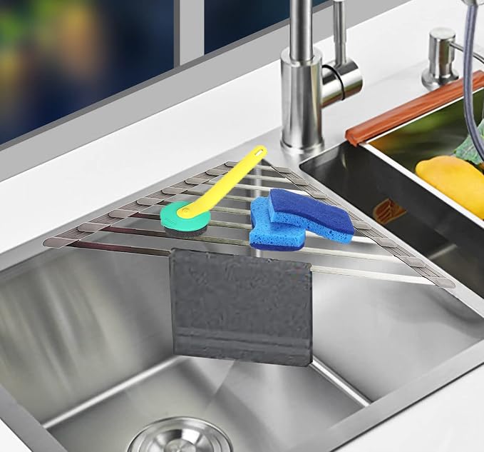 Ahyuan Corner Sink Dish Drainer over the Sink Dish Drying Rack Corner Dish Rack SUS304 Cubic Stainless Still Kitchen Sponge Holder Corner Sink Sponge Caddy Dish Rack (Gray)