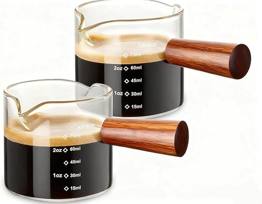 2 Pack Espresso Measuring Cups Glass, Small Measuring Double Shot Glass with Wood Handle, Clear Accessories, Coffee Measuring Cup, with V-Shaped Mouth, Milk Pitcher