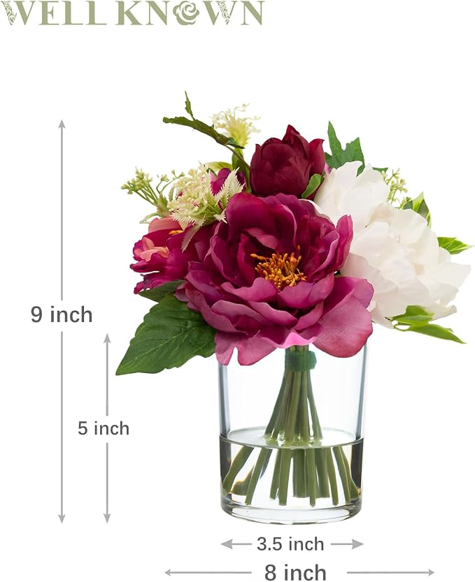 WELL KNOWN Artificial Flowers in Glass Vase with Fake Water, Silk Peony Flower Bouquet for Home Dinning Tea Table, Office Desktop, Hotel, Wedding, Party, Lavatory Decor & Gift (Fuchsia & White)