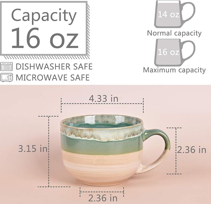 Bosmarlin Large Ceramic Coffee Mug Set of 2, Stoneware Jumbo Latte Mugs for Office and Home, 16 Oz, Dishwasher and Microwave Safe(Green, 2)