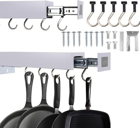 Pull Out Pot Racks, Pot and Pan Organizer with Hooks, Kitchen Pots and Pans Rack Pot Hanging Holder Under Cabinet, Aluminum Alloy Sliding Under Storage (Gray, 5 Hooks)