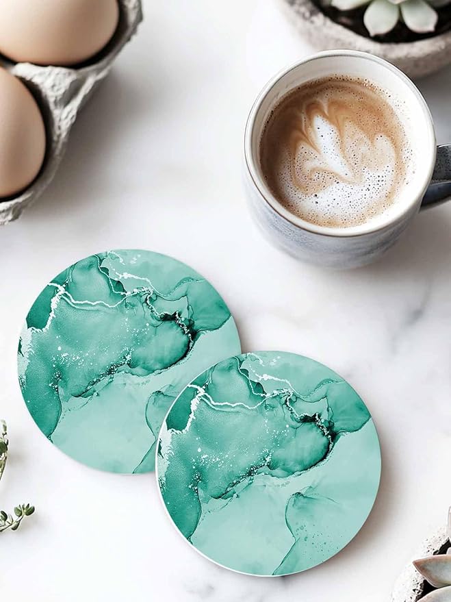 Coasters Set of 4 Turquoise Marble Drink Coasters with Holder Absorbent Stone Ceramic Cup Mat Abstract Waves Cloud Coaster for Drinks Coffee Bar Office Kitchen Cafe Home Table Decor