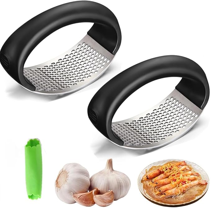 Garlic press, 2026 new portable manual stainless steel garlic press crusher masher with garlic peeling roller, convenient gadget for kitchen home use (2)