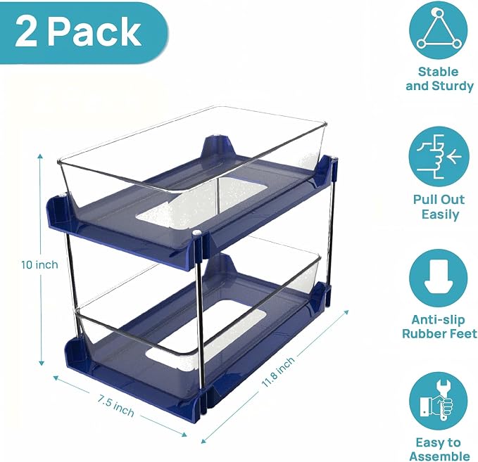 2 Pack Bathroom Organizer,2 Tier Blue Under Sink Organizers Vanity Countertop Storage Container,Cabinet Drawers Bins, Pull-Out Organization with Track for Pantry, Kitchen